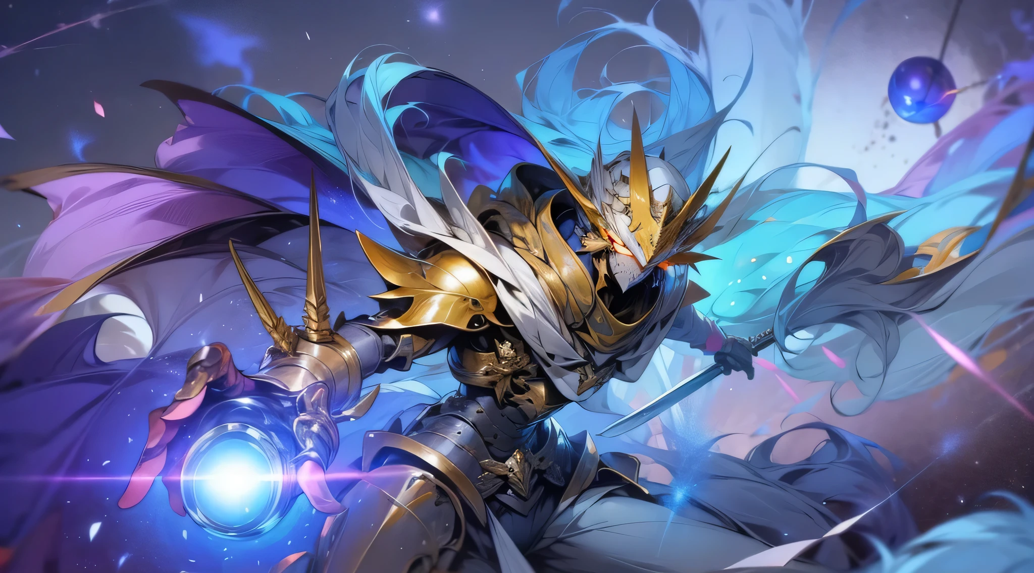 a man in armor(color is red) holding a sword and a glowing orb,