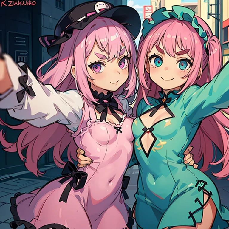 Girls with pink hair, long double-tailed hairstyle, ((small pink bushy eyebrows)), wearing lolita clothing, , marked vagina, lolicon (Zankuro) drawing style by zankuro artist, Zancro style, image uploaded to R34, flirty smile, take a selfie from below, close-up, (( showing pubes )) in street ((grabbing breast each other))