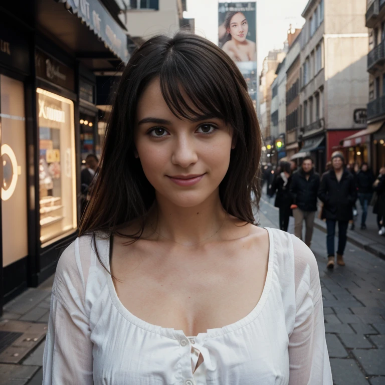 Photo franche d'une belle femme, aux yeux captivants, souriant au milieu d'une ville animée, cadrage du haut du corps, dans un décor de photographie de rue, Éclairage de l'heure d'or:1.3), eye level shot, sur un Fujifilm X-T4 avec un objectif 80 mm, dans le style d'Alfred Stieglitz