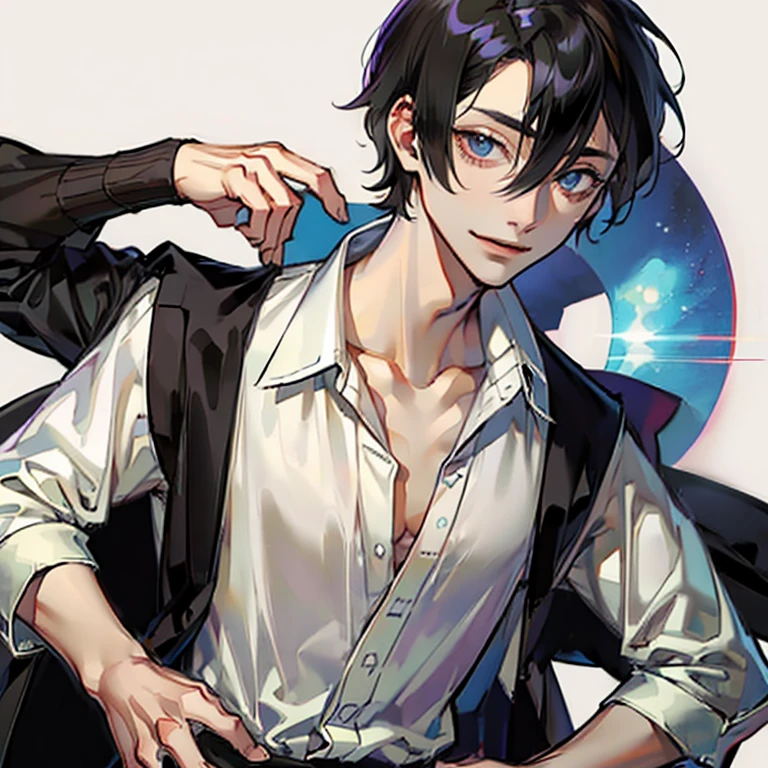 (eye:1.5)、masterpiece, 最high quality, high quality, 1 boy, alone,((face facing forward))、hand on waist pose、shirtの前を開ける、clavicle、man&#39;s chest、 male focus, looking at the viewer, Upper body, closed mouth, 1 person, adult male, good looking, expensive,, 細かいeyeと細かい顔, slacks, (((白のshirt))), smile, dutch angle, (straight hair、long bangs、short hair、black hair、Forehead 1：1)), shirt,shirtのボタンを開ける,、,please eat cake、 white skin, 黒い詳細なeyeアスキュリン), sexy, elegant, fine hands、Hands on hips、