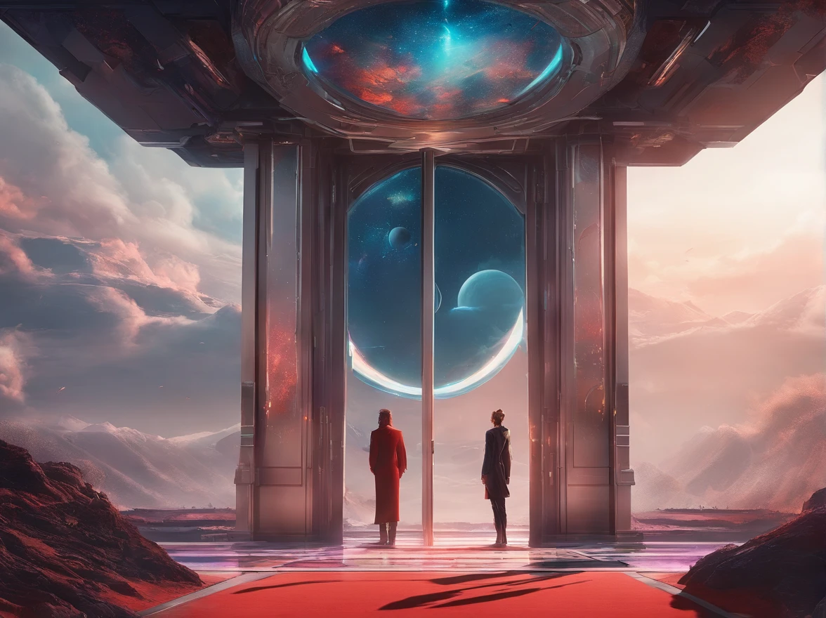 Thematic scenes; surreal, beautiful; a door suspended in the middle of the sky, between two realities. and on the edge of the door a being with the body of a man in a white robe and a luxurious red cape. having his head with two horns facing and leaning against the front of his head. scene looking from below (((focus/1.4; f22))); details in 8k; precision in details; vibrant colors, perspective view, centered, perspective lines. Best quality, fine art, Representative work, official, professional artwork, ultra intricately detailed; exquisitely detailed, body glow, a masterpiece, detailed matte painting, deep colors, fantastic and intricate details, splash screen, complementary colors, fantasy concept art, 8k resolution trending in Artstation Unreal Engine 5", mixing whimsy with grandeur of the art of realism, a touch of another world, incredible colors, expressive and silky contours.