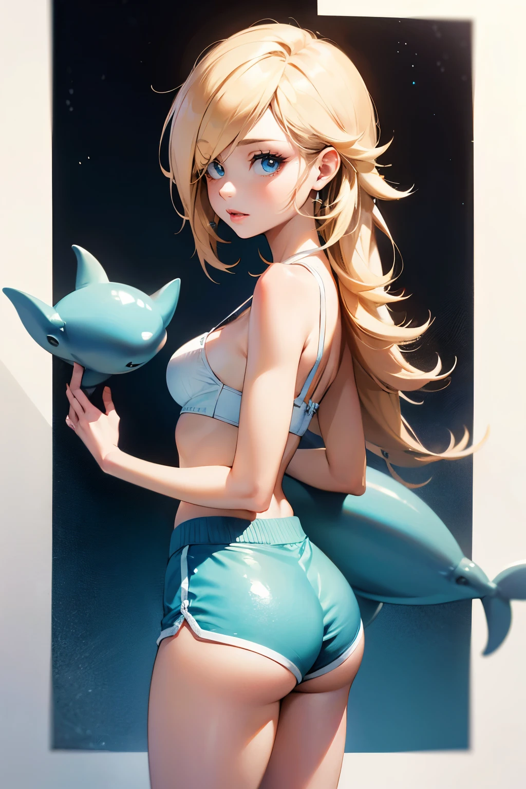 Rosalina, 8K, Raw Photo, Highest Quality, Masterpiece, Realistic, Photoreal, (1 Ultimate Beauty), Highly Detailed Face, Detailed Eyes, Double Eyelid, Eyelashes, Eye Details, Lips, Big Breasts, Pointy Breasts, Micro shorts, very low-waisted shorts (white bra), ((dolphin micro shorts)), cowboy photo, Koen-dori in Tokyo, soft light, ((depth of written limit)) Please proceed with caution,( ( Japanese girl) ), (((thin and slender waist, slender thighs, slender arms))), (((rear view, realistic buttocks, small butt, retrospective diagram)) )