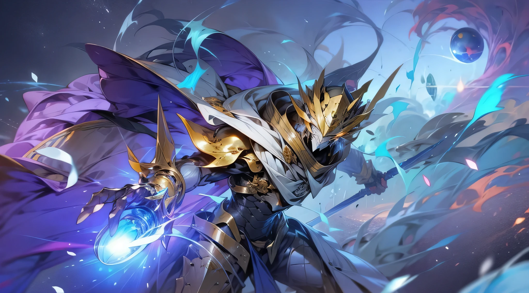 a man in fire armor holding a sword and a glowing orb, age 21