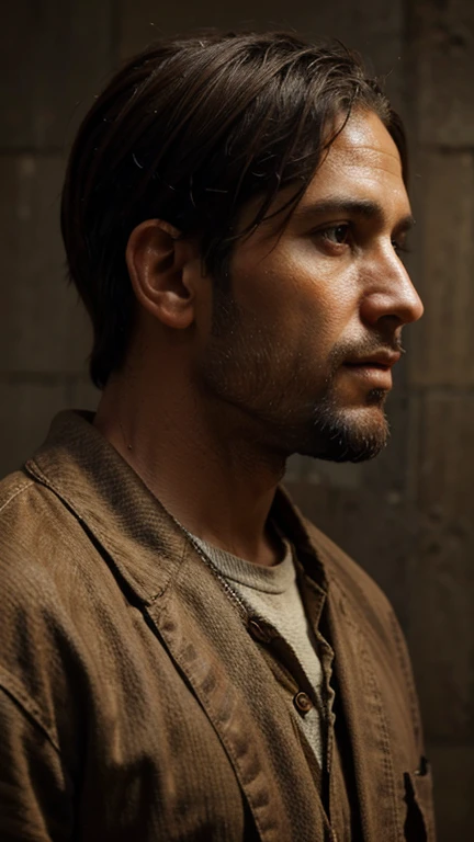 Moses, 35 year old man, Israelite clothing, brown hair, hyperrealistic, photo realism, cinematography, talking to God
