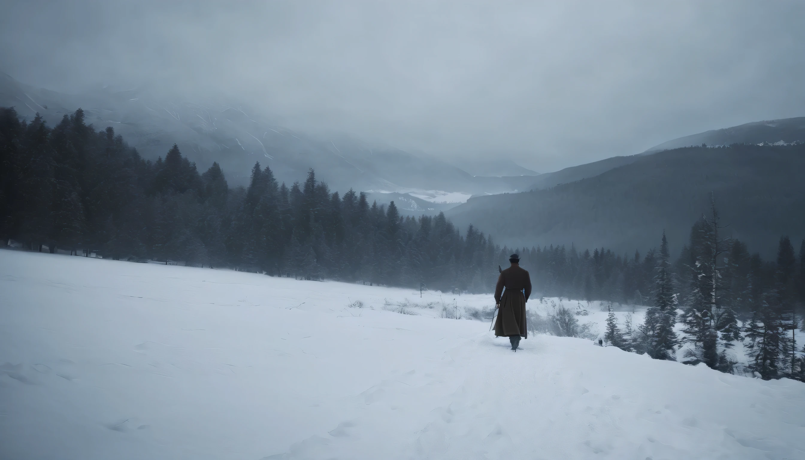 Create a digital image capturing the vast, snow-covered landscapes described in Tolstoy's 'War and Peace'