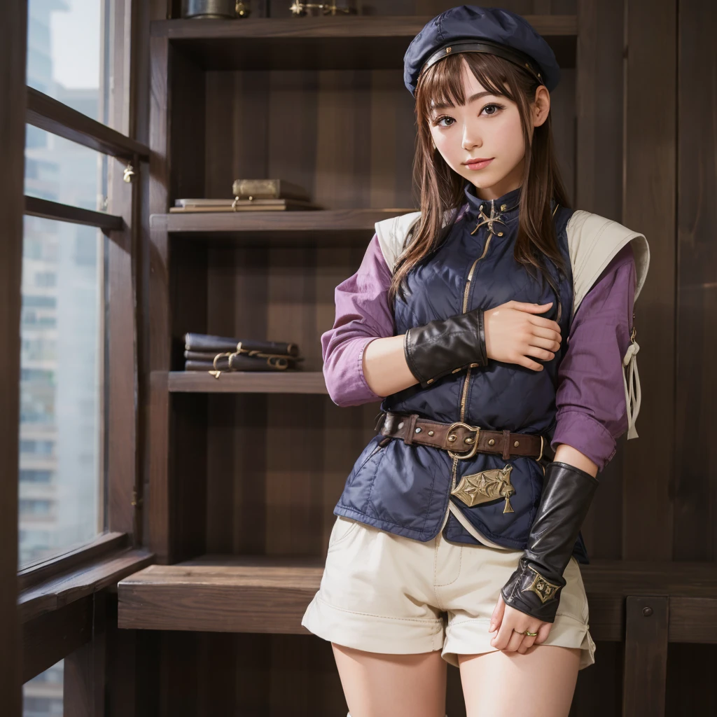 1 girl, riser, workshop, Alchemist, beret, shorts, over the knee boots, right hand glove