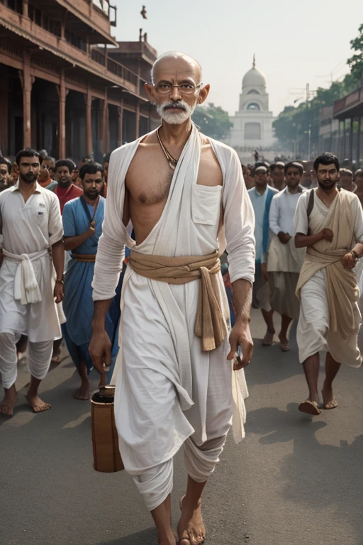 “Mahatma Gandhi, thoughtful expression, early 20th century, traditional Indian dhoti, in a peaceful protest, leading a crowd of followers, British colonial buildings in the background, wide shot, hyper-realistic, photo realism, cinematography --ar 9:16”