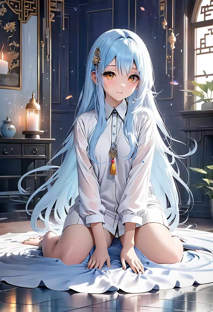 Beautiful and cold style, 18 years old, long light blue hair, wearing a sexy white outfit, seducing room with incense, touching their private parts, waiting for the opportunity.