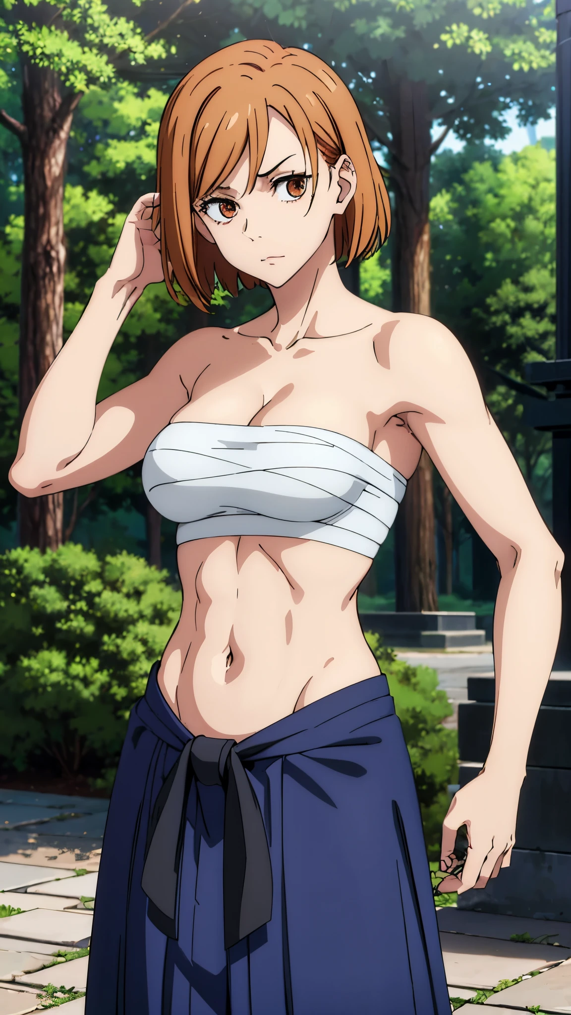 masterpiece, highres, solo, 8k, detailed, perfect face, best quality, (ultra high quality), (looking at viewers), (armpit), collarbone, bare arms, bare shoulders, big breast, cleavage, orange hair, short hair, brown eyes, gradation eyes, belly, stomach, navel, abs, sarashi chest, bandaged breast, (dark blue hakama), slim body, upper body, emotionless, flat face, closed mouth, at forest, hand up