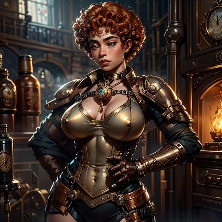 ((Masterpiece)), (highly detailed), (Ice Spice), 1 girl ,curly hair, medium breasts, steampunk style, copper and gold bodysuit, cog ornamentation, pocket watch, steamy factory, steampunk city hall, steam, textured skin, (sweaty: 1.2), (steam: 1.2)
