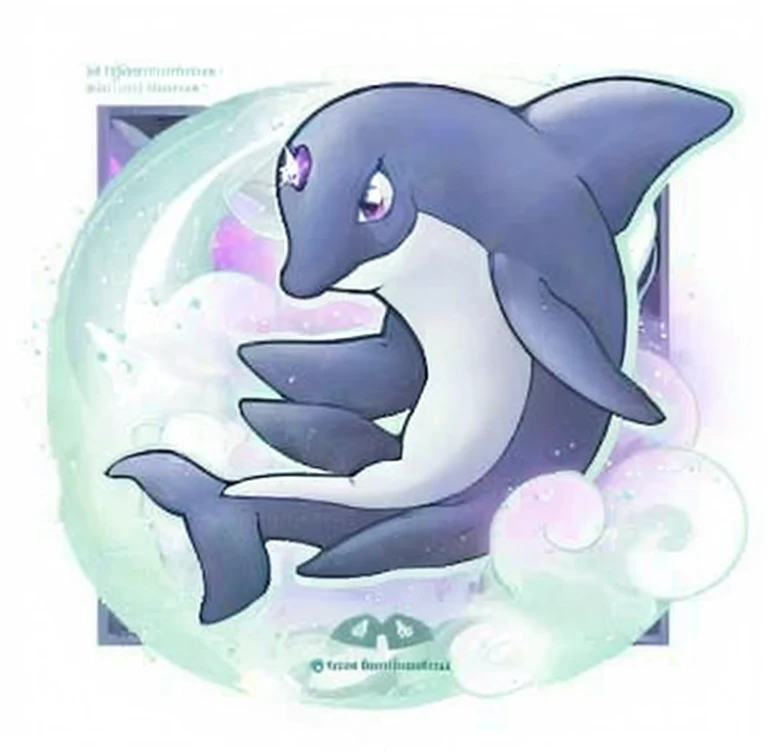 Dolphin with a small emerald on its head, em cenario de nuvens, com olhos cor roxa clara, quatro nadadeiras, uma barbatana, e uma cauda dupla