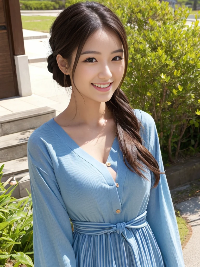 masterpiece、Ultra high definition、Super high quality、16MP、portrait photography、There is a beautiful woman in the picture.、The distance between the female subject and the camera is1M,Japanese beauty、Women in their late thirties to forties、Beautiful appearance、Beautiful dark brown long hair、Hair tied high at the back、ponytail、model body shape、Spring-like outfit、Bright sunlight coming from the front、smiling、