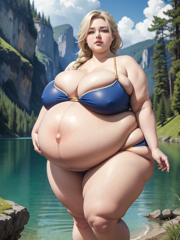 (1girl), Jaina Proudmoore, beautiful pregnant supermodel, huge , blue bikini, glowing blue eyes, blond braided hair, extremely obese, (obese belly):1.8, (obese legs):1.5, massive SSBBW body, massive pregnant hyperbelly, soft massive obese pregnant belly, cute chubby feminine face, sensual pose, soft obese thighs, soft obese legs, soft obese breasts, massive tits, very heavy breasts, soft obese arms, soft chubby hands, soft chubby feet, enchanted lake scene