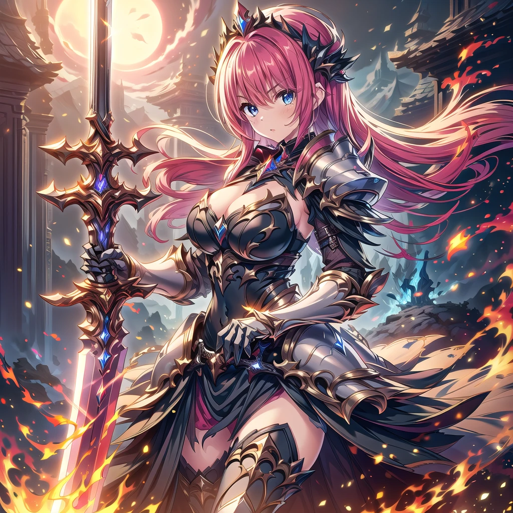 (masterpiece), best quality, fantasy art, 1girl, a girl in metal armor holding sword, ((sword of flame)), ((close-up of sword)), (huge sword), PlantedSword,(holding sword). pink_dress, white_armor,cropped shoulders armor, plate armor, armor dress,gauntlets, red hair, long hair, tiara,cleavage, thighs, thighhighs,glaring, weapeon, (sword:1.3),PlantedSword, full moon