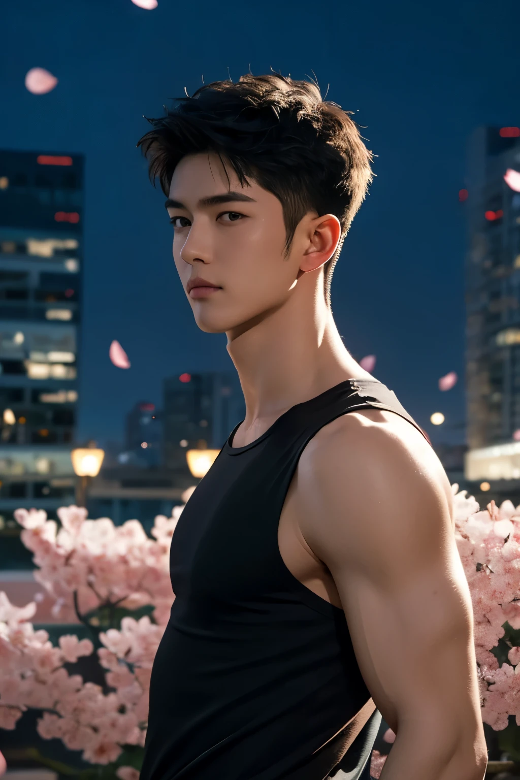 portrait of a 1 boy wearing a tight black tank top, front view, looking at camera, (smirk:0.65), (angry:0.3), cinematic shot on canon 5d ultra realistic, urban atmosphere, skyscrapers, night scene, sakura petals are flying over the background, short hair undercut, (extremely handsome:1.2)