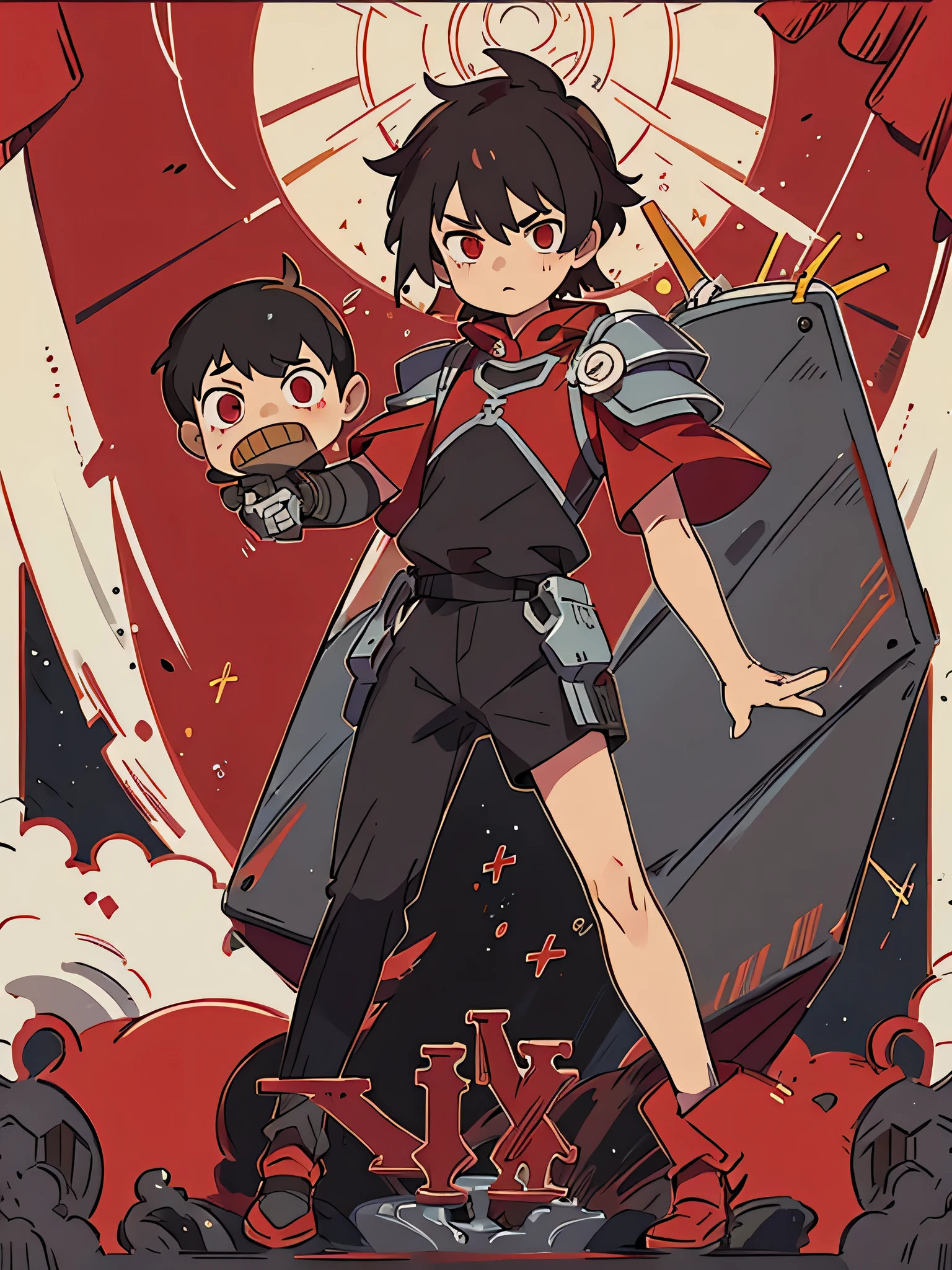 Boy with left arm and right leg mechanical red spiral eyes with black armor