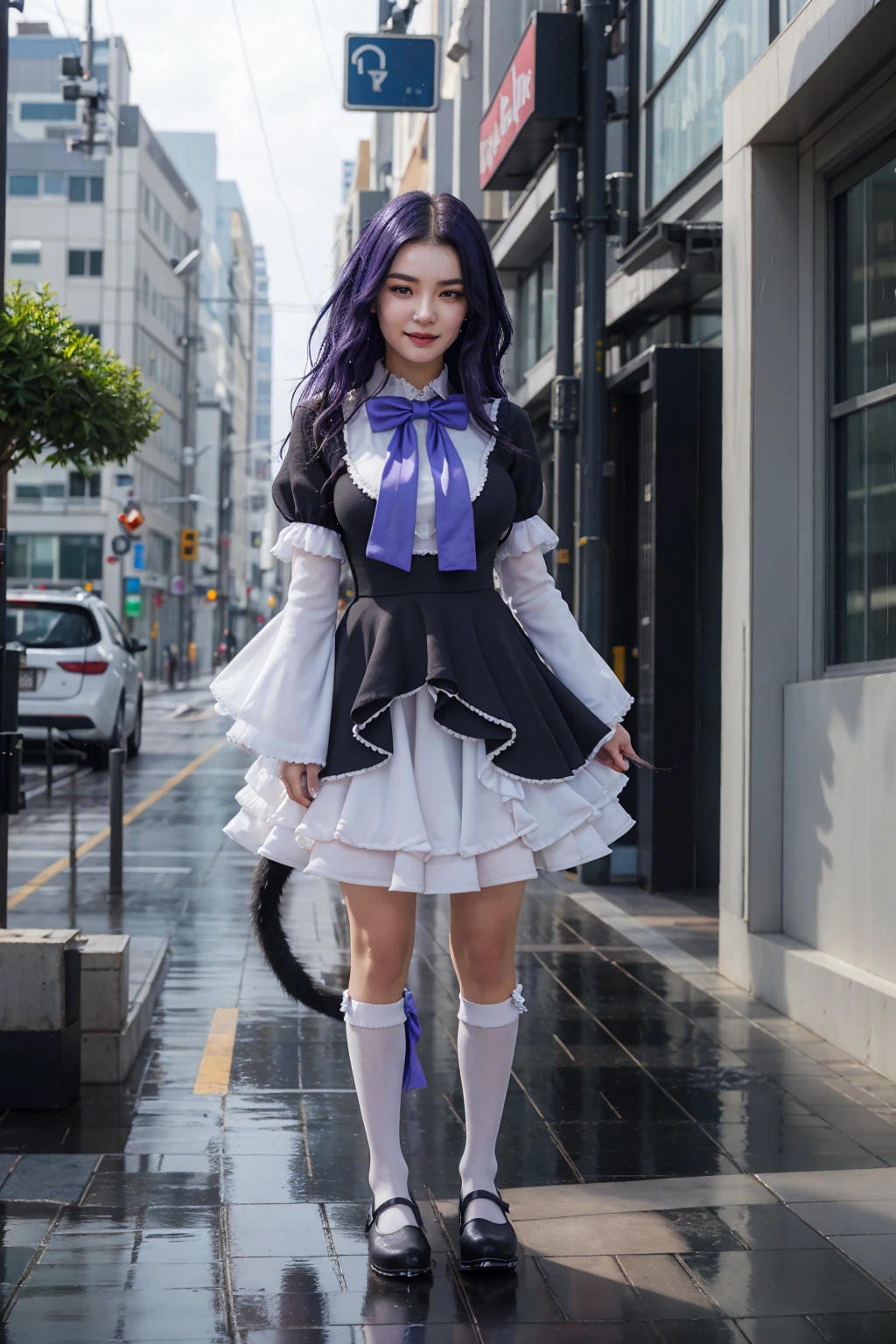 (1 lady), The beautiful, (Best quality at best:1.4), (ultra - detailed), (masterpiece),best quality, (extremely detailed CG unified 16k), frederica bernkastel,dress, tail bow, cat tail, bowtie, purple eyes, purple hair,mary janes, socks, blank eyes, empty eyes, (raining day:1.2), cloud, street, sidewalk, wet clothes, photorealistic, High-definition RAW color photo, professional photoshooting, amazing face and eyes, cosmetics, (amazingly beautiful girl), detailed face, ((Best Quality, Masterpiece: 1.3)), Sharp Focus: 1.2, A Beautiful Woman with Perfect Figure: 1.4, Slim Abs: 1.2, (Layered Hairstyle,: 1.2)), Rain: 1.3, Street: 1.2, Wet Body: 1.1, Highly Detailed Face and Skin Texture, Detailed Eyes, Double Eyelids, Big Breasts, Smile, irene1, CGI photography hyper realistic