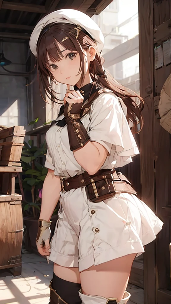 1 girl, riser, workshop, Alchemist, beret, shorts, over the knee boots, right hand glove