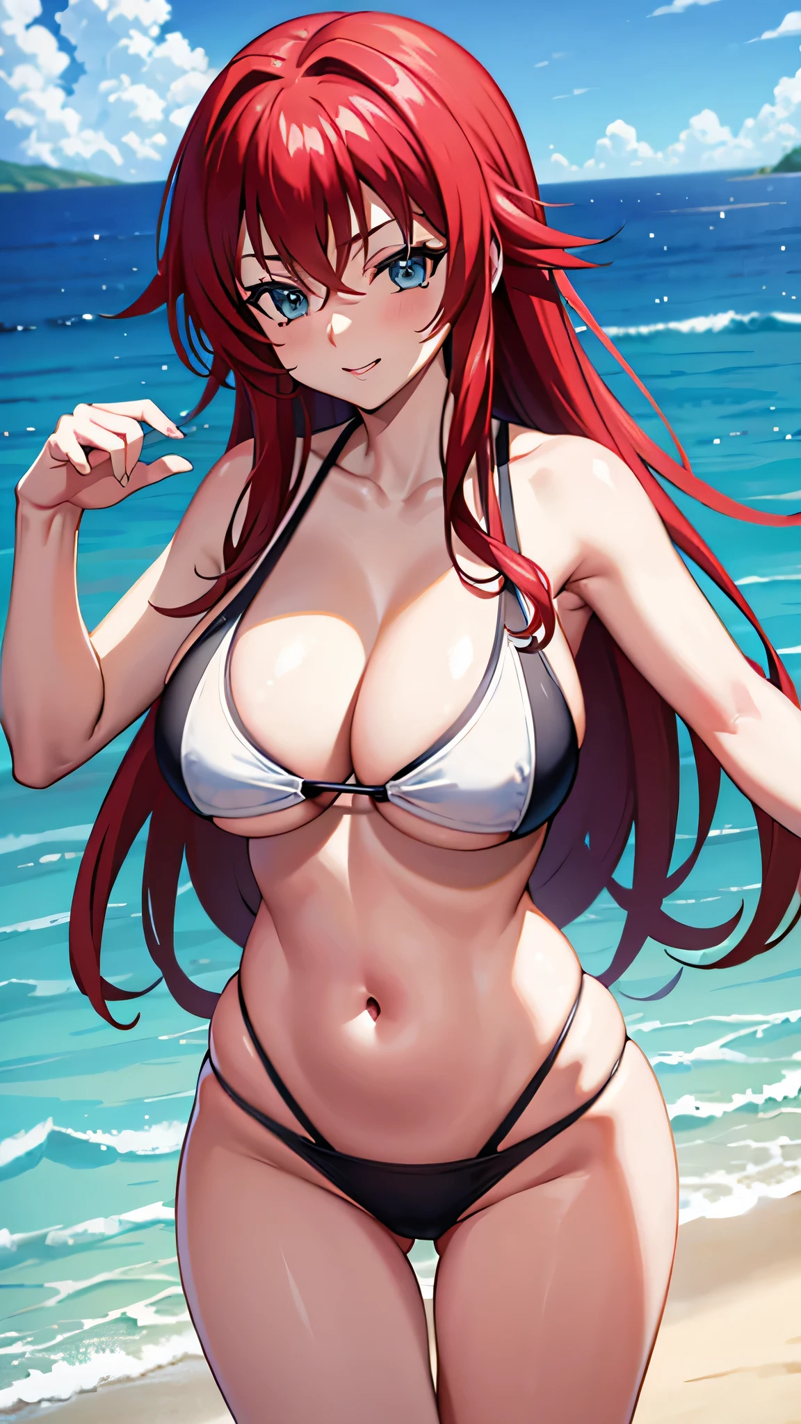 Rias Gremory, High School DXD, ocean background, Swim suit, big boob, Sexy pose, Sexy body, perfect figure, Sexy smile, hot , summer time, beach, sunset,