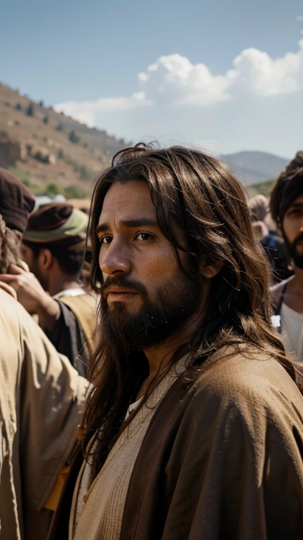 Moses, 35 year old man, Israelite clothing, brown hair, hyperrealistic, photo realism, cinematography, speaking to Heaven