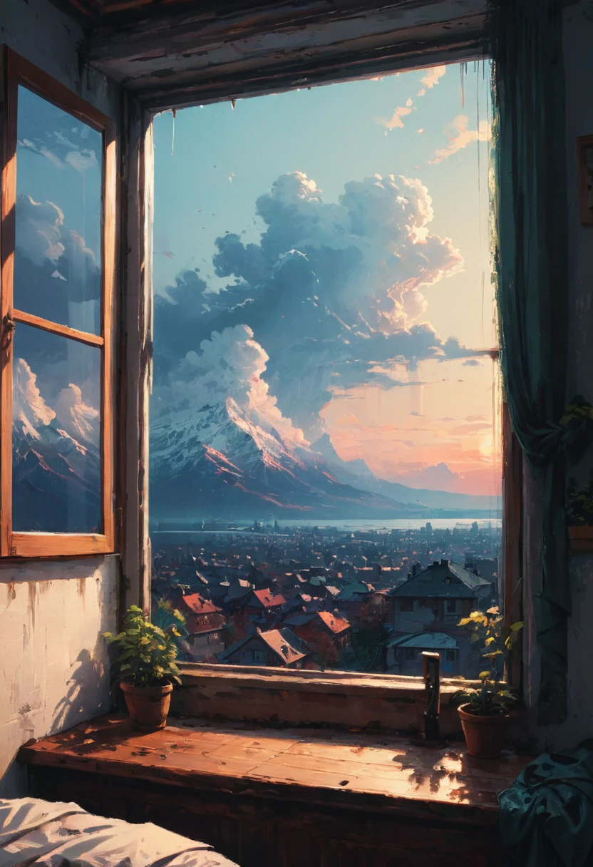 The View Outside the Window, by Alena Aenami, (masterpiece, best quality, perfect composition, very aesthetic, absurdres, ultra-detailed, intricate details, Professional, official art, Representative work:1.3)