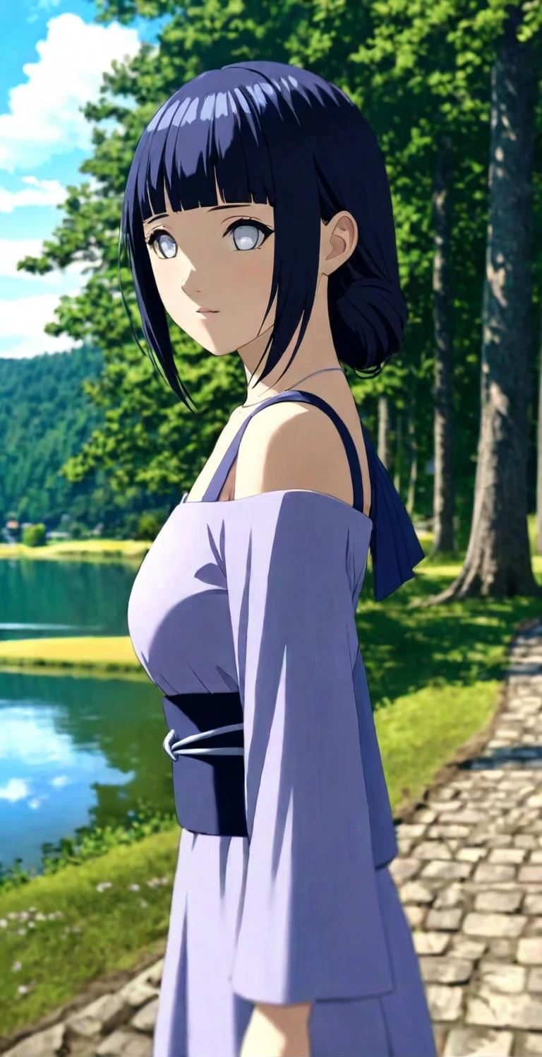 close-up from side, (30 years old adult-Hinata) walk next to lake, [enchanting, surreal, studio lighting, HDR, UHD, K]