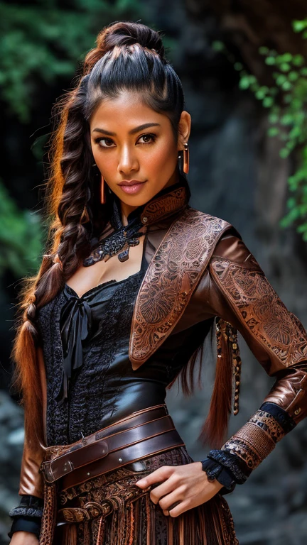 Ultra realistic high resolution photography, a 40 year old Asian native American mixed race model with soft freckles and bright light green iris eyes, hairstyle a long braided ponytail and the sides of the head shaved bald, hair color copper, model has a tall body size with long legs and feminine curves and medium cup size, clothing black lace bolero with etched copper leather corsage with ties and many patterns with copper-colored etched maxi leather pants with many patterns with high heels boots black with many buckles with a wide waist belt with many patterns in black, clothing style gothic with steampunk details, model pose full body dancing in front of a Canyon at night with magical light and looking into the camera