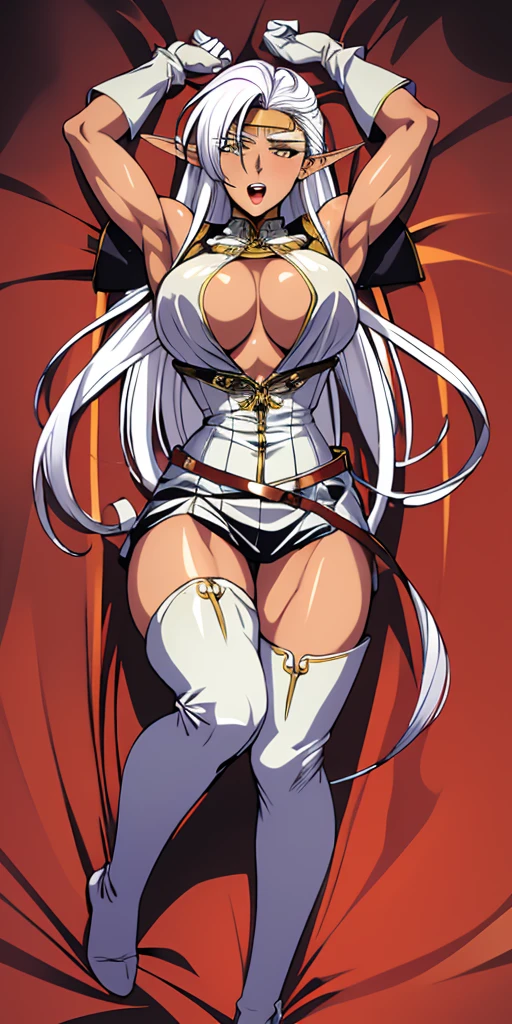(((masterpiece,high resolution,best quality))), 1girl, solo,wine bottle,bare legs, large breasts, lying, on back, petals, looking at viewer, armpits, open mouth, solo, blush, wet clothes, heart, arms up, wet, bed sheet, origin, 1girl, red cape, boots, gloves, epaulettes, black corset, corset, black gloves, :d, black skirt, Pirotess, (yellow eyes), white hair, silver hair, very long hair, straight hair, solo, adult woman, tall, slightly muscular, large breasted, cleavage, constricted waist, Toned body, slight abs, thin dark skin, pointy ears, lipstick, makeup, black eyeshadow, circlet, white short dress, jewelry, bracelet, white gloves, thigh boots
