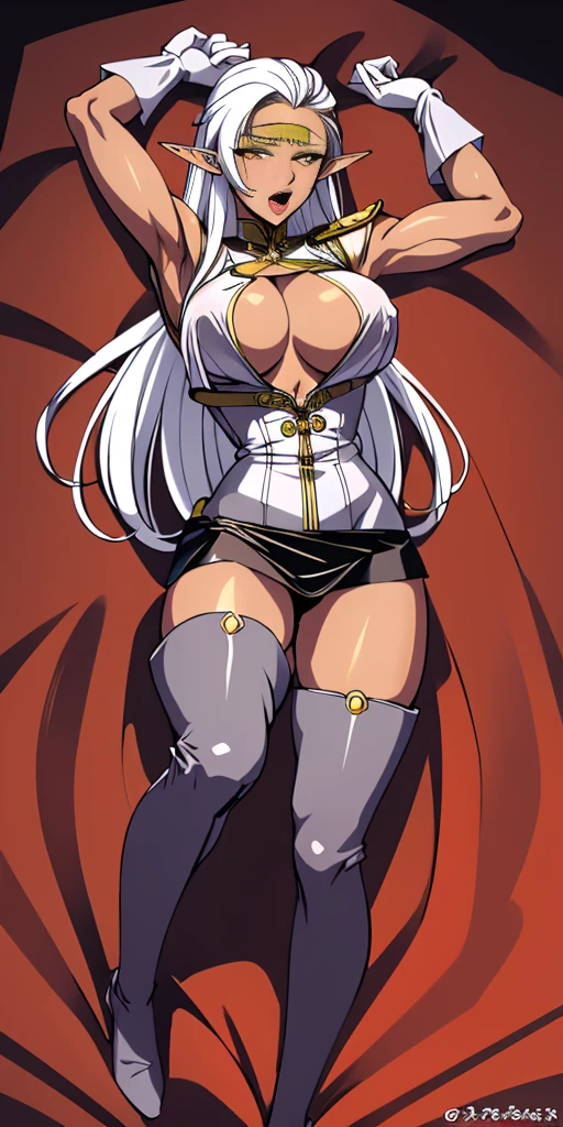 (((masterpiece,high resolution,best quality))), 1girl, solo,wine bottle,bare legs, large breasts, lying, on back, petals, looking at viewer, armpits, open mouth, solo, blush, wet clothes, heart, arms up, wet, bed sheet, origin, 1girl, red cape, boots, gloves, epaulettes, black corset, corset, black gloves, :d, black skirt, Pirotess, (yellow eyes), white hair, silver hair, very long hair, straight hair, solo, adult woman, tall, slightly muscular, large breasted, cleavage, constricted waist, Toned body, slight abs, thin dark skin, pointy ears, lipstick, makeup, black eyeshadow, circlet, white short dress, jewelry, bracelet, white gloves, thigh boots