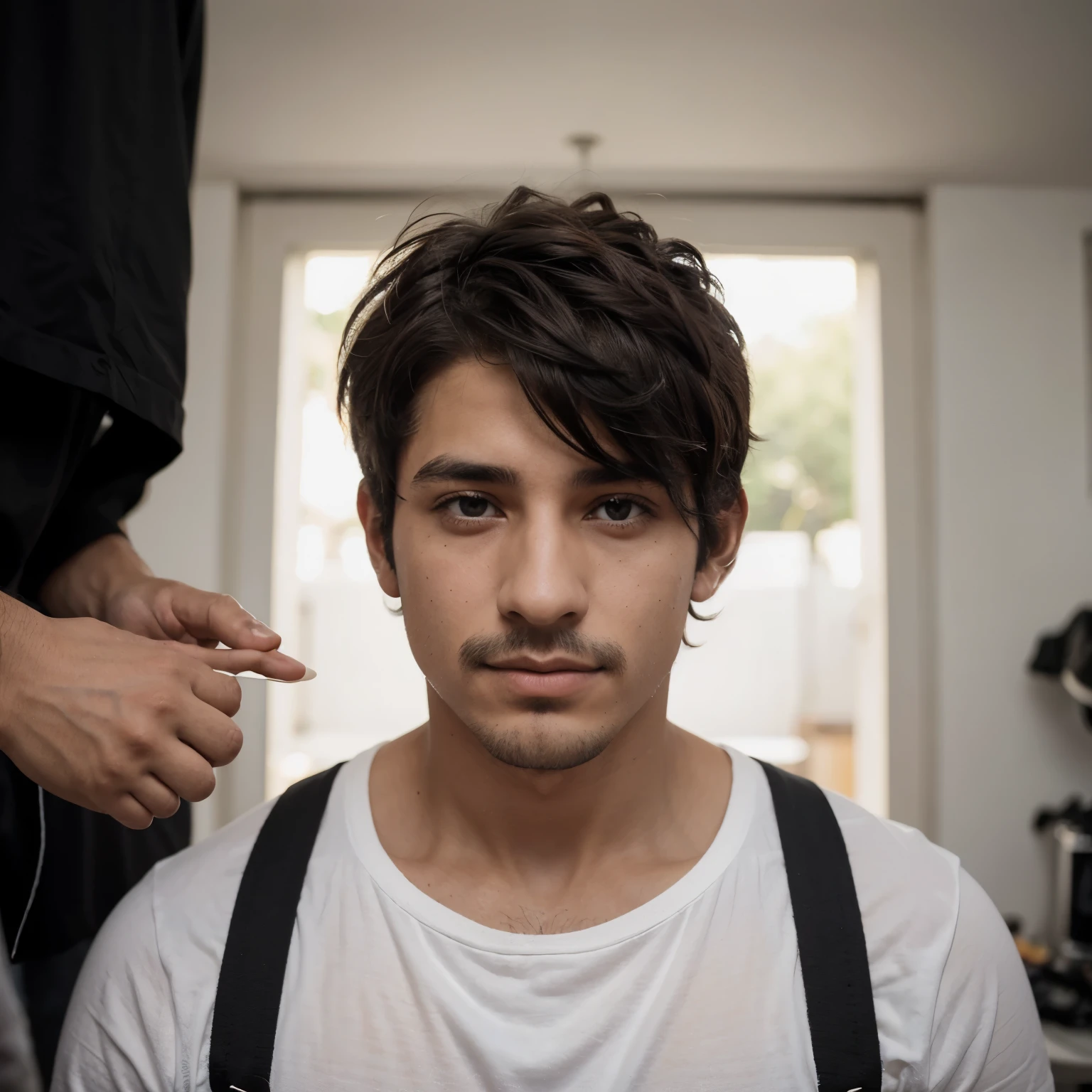Un chico moreno pelo corto negro , ojos marrones oscuros agarrado de la mano de una chica pelo corto negro y ojos marrones agarrada de la mano de un chico blanco pelo rubio y cojos un poco azules