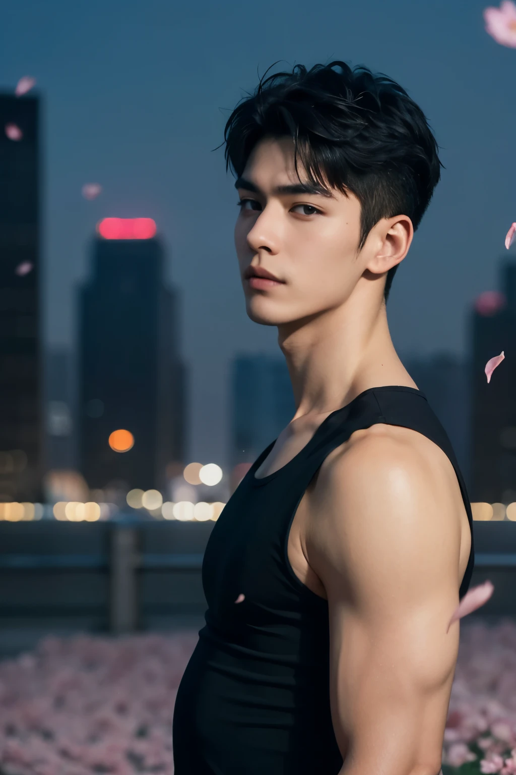 portrait of a 1 boy wearing a tight black tank top, front view, looking at camera, (smirk:0.65), (angry:0.3), cinematic shot on canon 5d ultra realistic, urban atmosphere, skyscrapers, night scene, sakura petals are flying over the background, short hair undercut, (extremely handsome:1.2)
