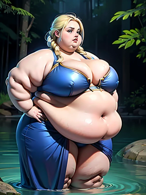 (1girl), Jaina Proudmoore, beautiful pregnant supermodel, huge , blue bikini, glowing blue eyes, blond braided hair, extremely obese, (obese belly):1.8, (obese legs):1.5, massive SSBBW body, massive pregnant hyperbelly, soft massive obese pregnant belly, cute chubby feminine face, sensual pose, soft obese thighs, soft obese legs, soft obese breasts, massive tits, very heavy breasts, soft obese arms, soft chubby hands, soft chubby feet, enchanted lake scene