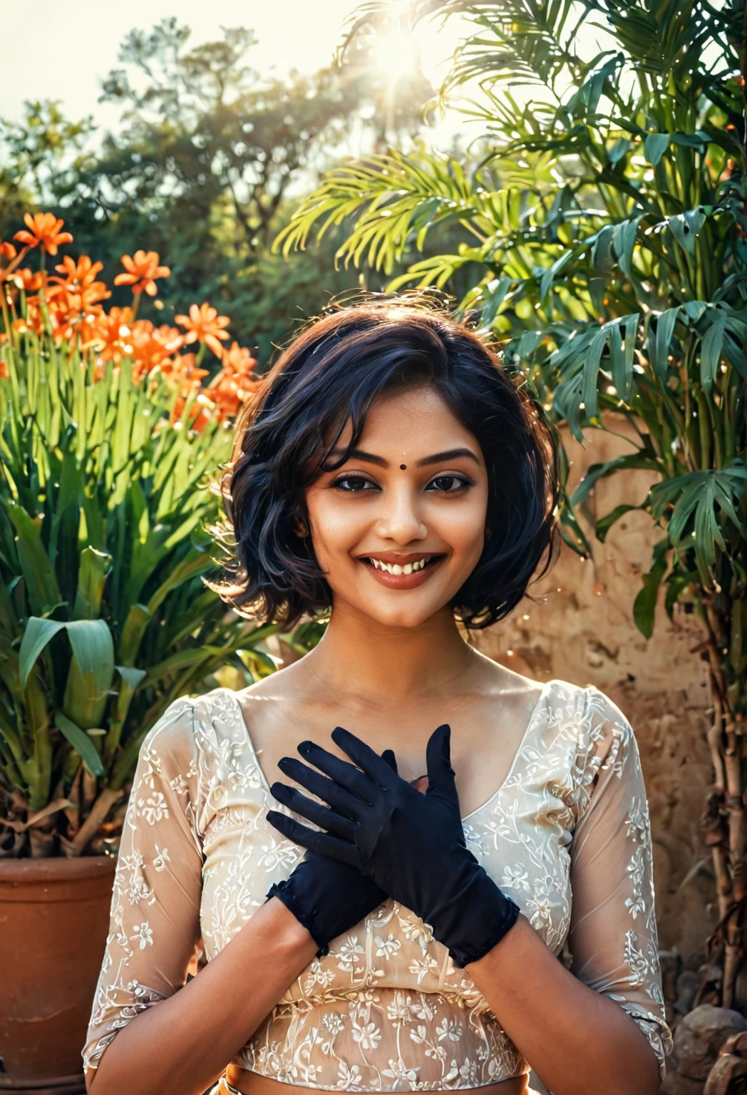 rmx, beautiful girl ,indian Female Model, dynamic poses, smile, (Vintage Dress), black gloves, vintage wave bob hair,black eyes,abdominal muscles,plumpy body, rounded breast, (medium breast:1.3), cleavage, Morning sunshine,Eyes on the audience, (dynamic poses), ((face details)),Double eyelids, reeds, realistic, masterpiece, highest quality, lens flare, vintage, vintage style, shade, bloom, [[chromatic aberration]], by Jeremy Lipking, by Antonio J. Manzanedo, digital painting, HDR, high contrast