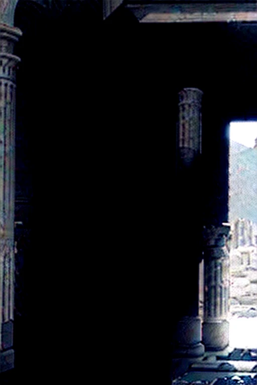 A dark landscape image of an ancient greek society deeply connected to stoicism, black and white, ancient greek architecture, include one single big statue of a stereotypical strong greek man, marcus aurelius --ar 16:9 