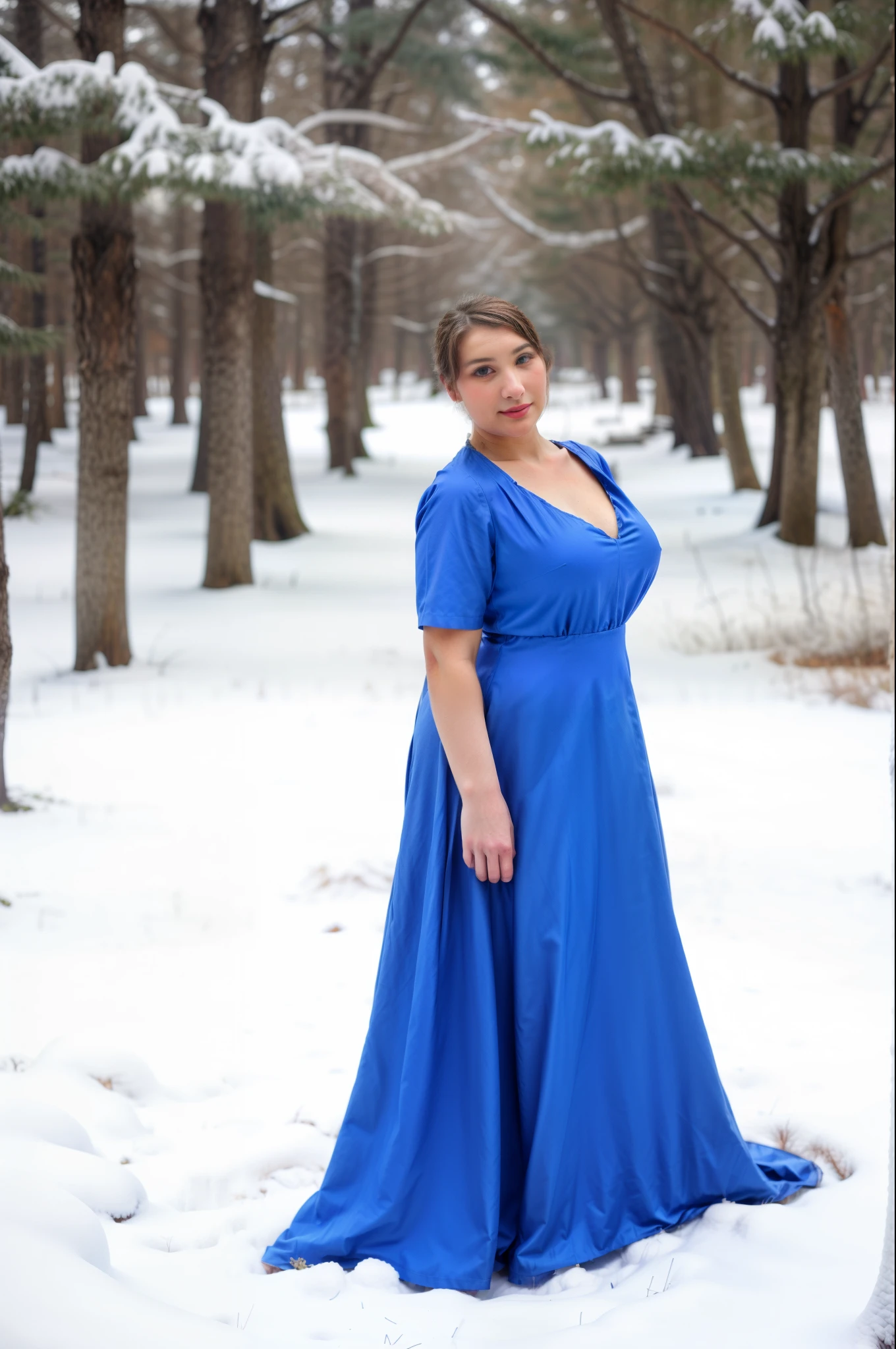 A woman in a blue dress stands in a winter forest