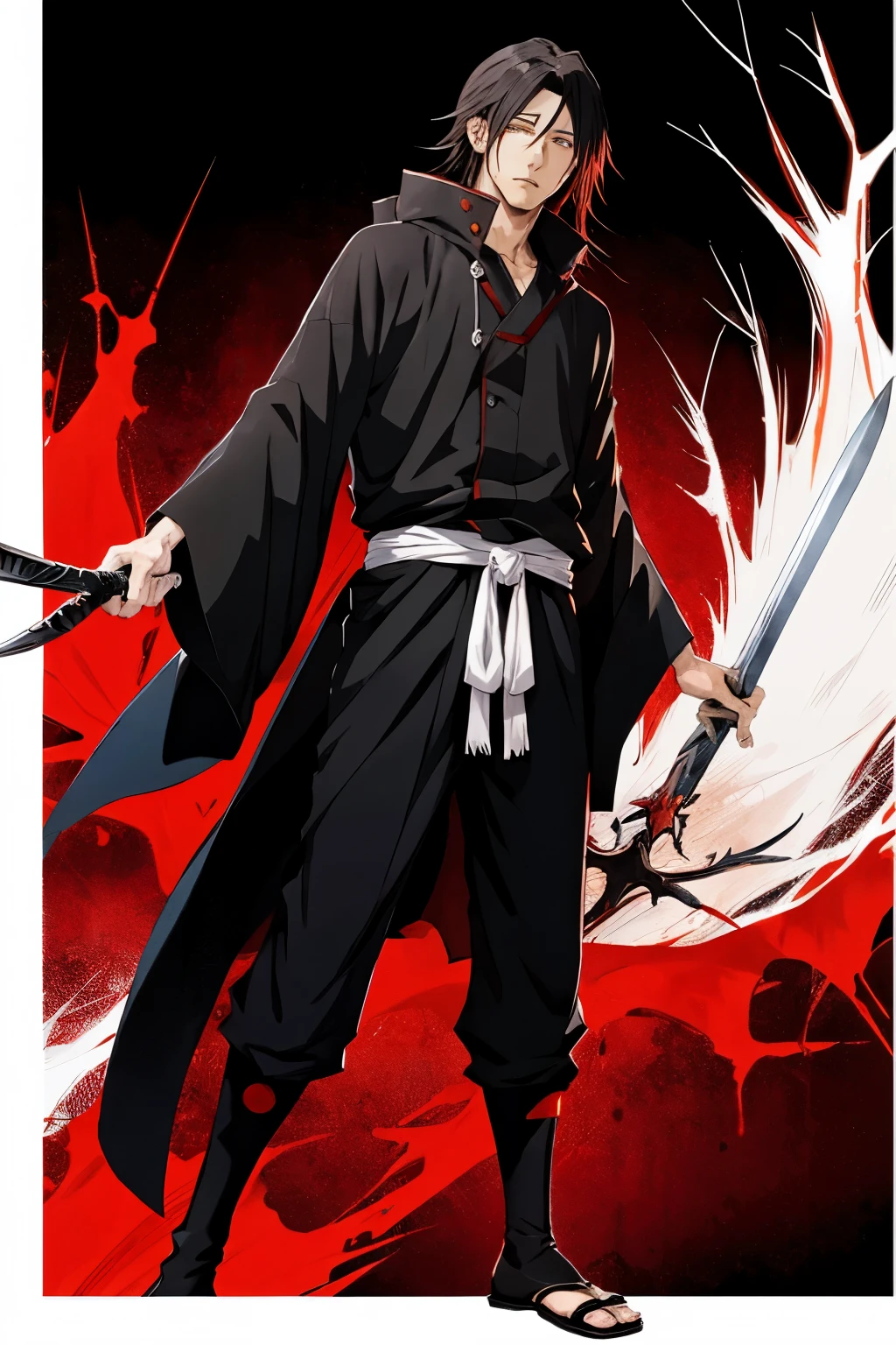 anime estilo manga , madara uchiha , cego de um olho , com espada , com faixa branca enrolada na cabeca , masculino
