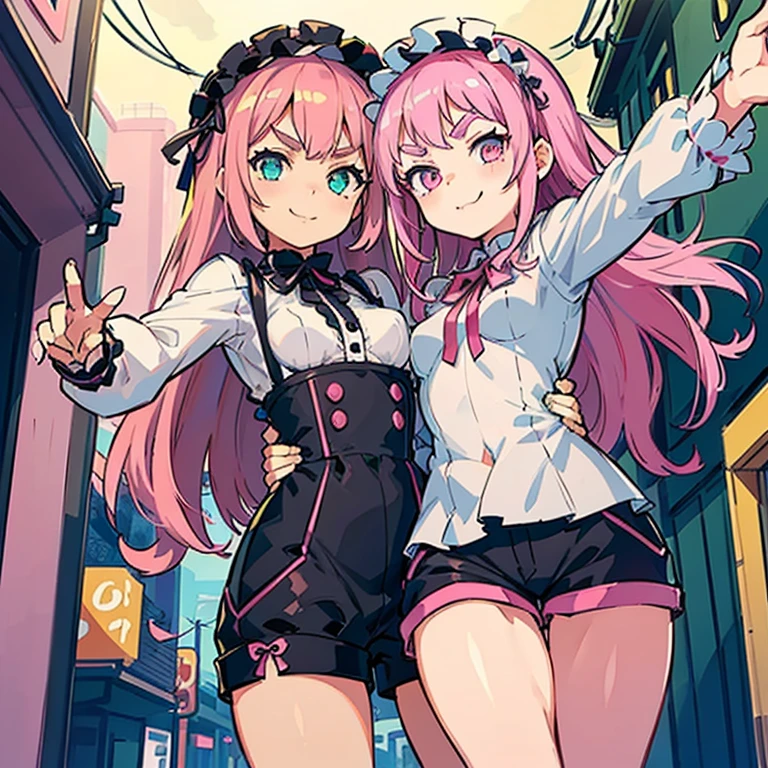 Girls with pink hair, long double-tailed hairstyle, ((small pink bushy eyebrows)), wearing lolita clothing, shorts, marked vagina, lolicon (Zankuro) drawing style by zankuro artist, Zancro style, image uploaded to R34, flirty smile, take a selfie from below, close-up, (( showing pubes )) in street ((grabbing breast each other))