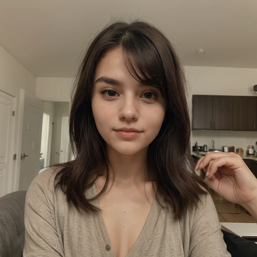 a beautiful woman, age 21, black hairs, symmetrical face, attractive facial features, medium size , cute gestures, wearing top, at home, front camera photo, more realistic