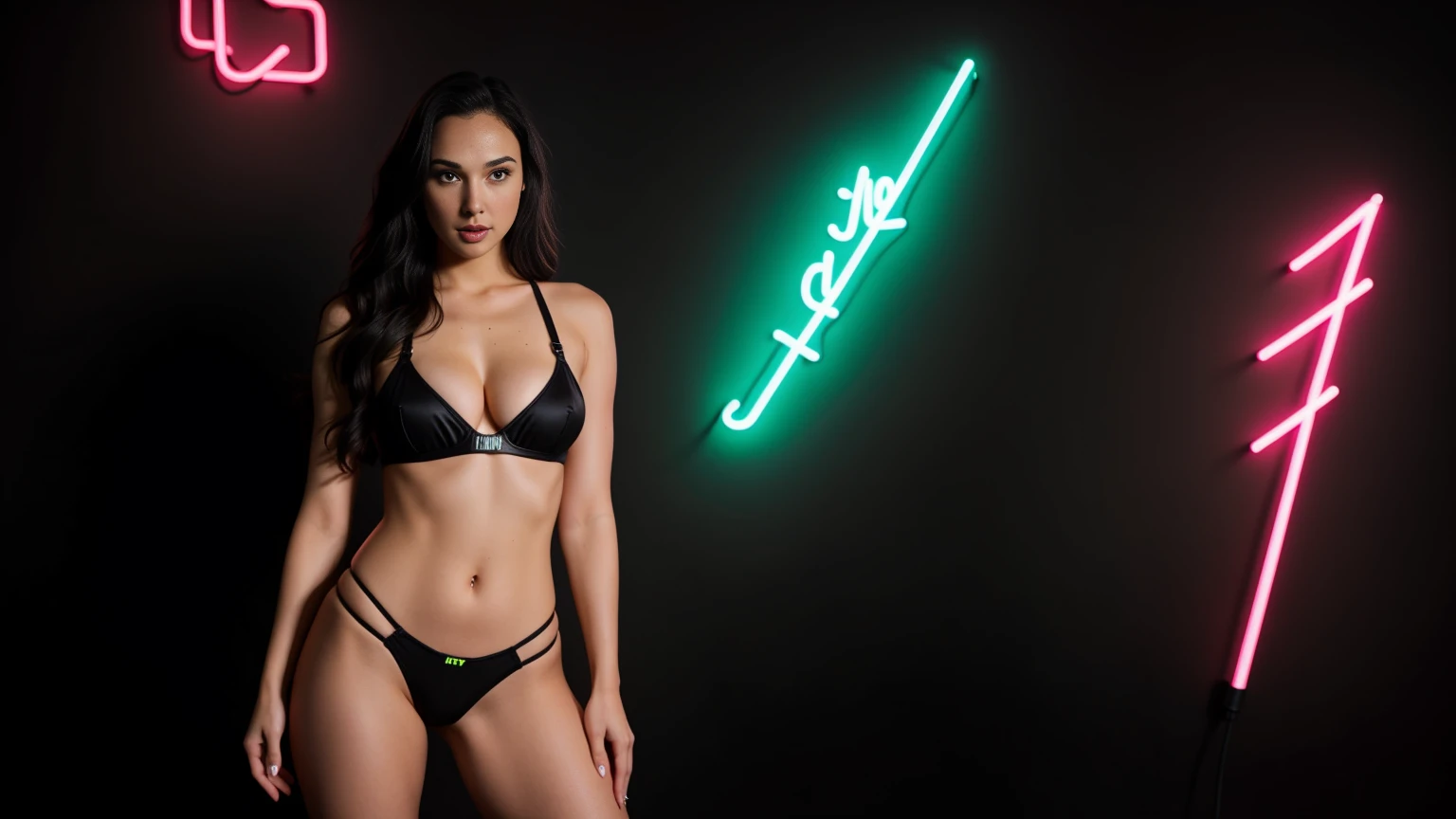 there is GAL GADOT standing, long hair, 3 d neon art of a womans body, neon-noir background, cyberpunk femme fatale, seductive cyberpunk dark fantasy, cyberpunk strip clubs, cyberpunk 20 y. o model girl, oppai cyberpunk, banner, high definition cgsociety, cgsociety masterpiece, trending on cgstation, kda, random hair, looking at camera, gigantic breasts, cleavage, (high detailed skin:1.2), 8k uhd, dslr, super lighting, high quality, film grain, high res, highly detailed, hyper realistic, beautiful face, beautiful body, beautiful eyes nose lips, alluring expression, very bold, upper  visible, full body photo, standing legs apart, pale translucent glowing skin, most beautiful face, cute, (well defined pubic hair:1.2)), (dark plain black background:1.4))