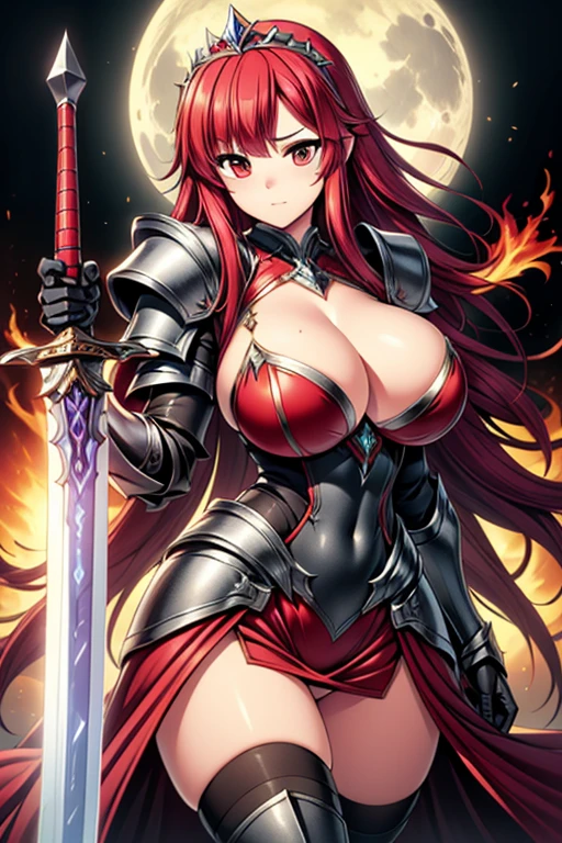 (masterpiece), best quality, fantasy art, 1girl, a girl in metal armor holding sword, ((sword of flame)), ((close-up of sword)), (huge sword), PlantedSword,(holding sword). pink_dress, white_armor,cropped shoulders armor, plate armor, armor dress,gauntlets, ((red hair)), long hair, tiara,cleavage, thighs, thighhighs,glaring, weapeon, (sword:1.3),PlantedSword, full moon