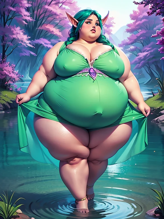  (1girl),Tyrande Whisperwind,  beautiful pregnant supermodel night elf, pink formal dress, glowing eyes, long green braided hair, extremely obese, (obese belly):1.8, (obese legs):1.5, massive SSBBW body, massive pregnant hyperbelly, soft massive obese pregnant belly, cute chubby feminine face, sensual pose, soft obese thighs, soft obese legs, soft obese breasts, soft obese arms, soft chubby hands, soft chubby feet, enchanted lake scene