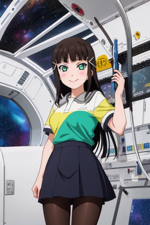 pixel-perfect, best quality, ultra-detailed masterpiece, dia kurosawa, pantyhose, anime art style, cute characters, space station, open legs, smile