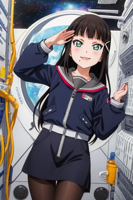 pixel-perfect, best quality, ultra-detailed masterpiece, dia kurosawa, pantyhose, anime art style, cute characters, space station, open legs, smile