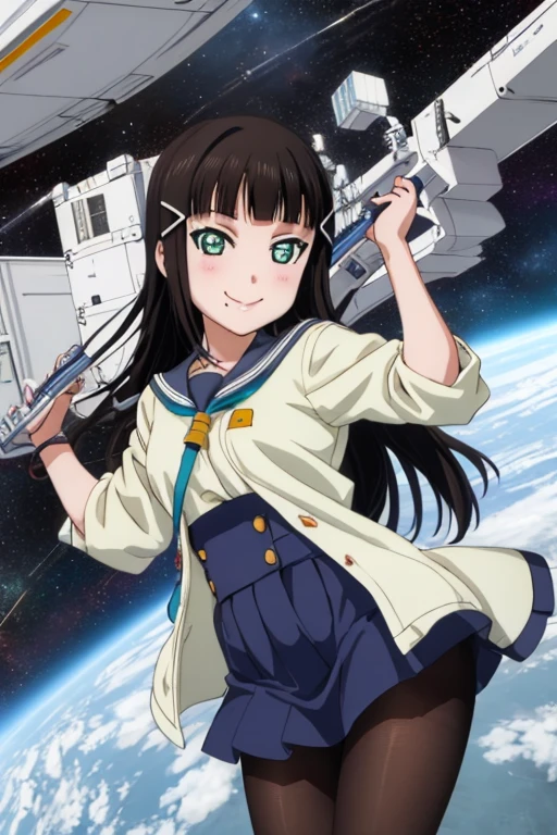 pixel-perfect, best quality, ultra-detailed masterpiece, dia kurosawa, pantyhose, anime art style, cute characters, space station, open legs, smile