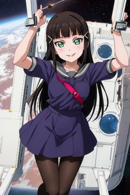 pixel-perfect, best quality, ultra-detailed masterpiece, dia kurosawa, pantyhose, anime art style, cute characters, space station, open legs, smile