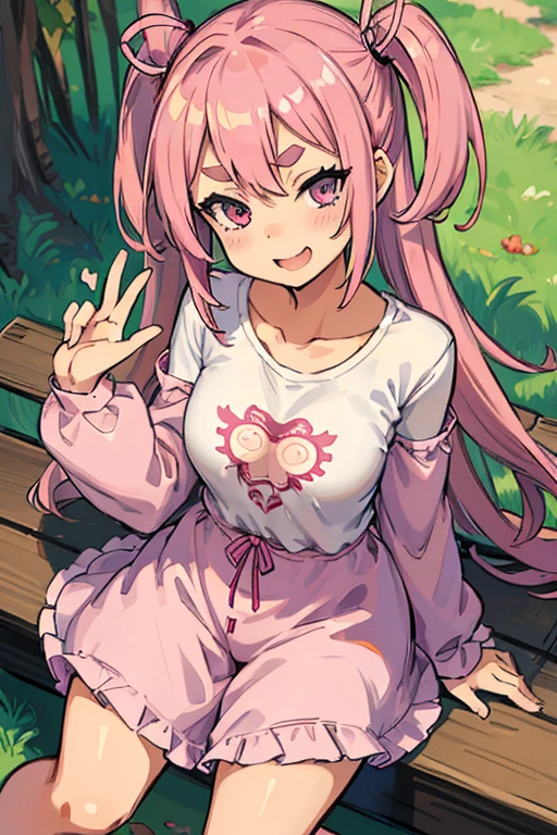 Girl with pink hair, long double-tailed hairstyle, ((small pink bushy eyebrows)), wearing lolita clothing, shorts, marked vagina, lolicon (Zankuro) drawing style by zankuro artist, Zancro style, image uploaded to R34, flirty smile, take a selfie, close-up, ((showing a breast outside the shirt)), (squeezing a breast with her hand) face very close to the camera, moan and drool) happy face cheeky smile