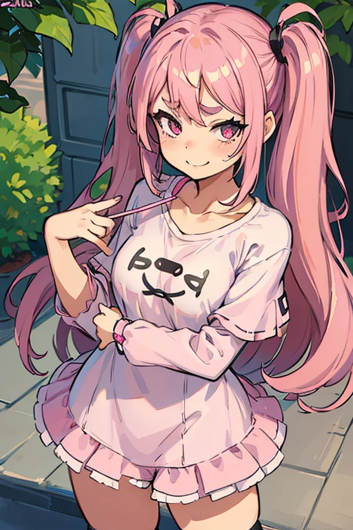 Girl with pink hair, long double-tailed hairstyle, ((small pink bushy eyebrows)), wearing ta clothing, shorts, marked vagina, loli(Zankuro) drawing style by zankuro artist, Zancro style, image uploaded to R34, flirty smile, take a selfie, close-up, ((showing a breast outside the shirt)), (squeezing a breast with her hand) face very close to the camera, moan and drool) happy face cheeky smile