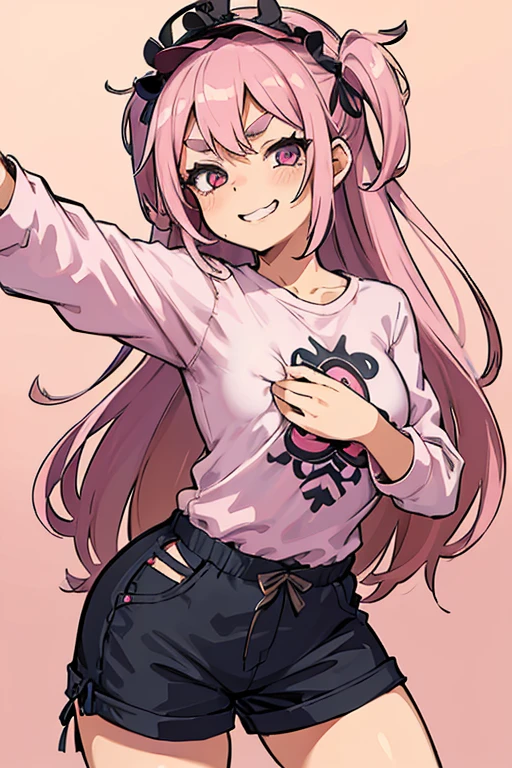 Girl with pink hair, long double-tailed hairstyle, ((small pink bushy eyebrows)), wearing lolita clothing, shorts, marked vagina, lolicon (Zankuro) drawing style by zankuro artist, Zancro style, image uploaded to R34, flirty smile, take a selfie, close-up, ((showing a breast outside the shirt)), (squeezing a breast with her hand) face very close to the camera, moan and drool) happy face cheeky smile