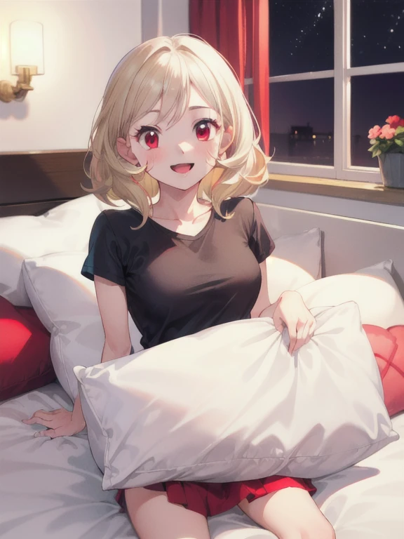 gonzarez, masterpiece, Serenaj, 1girl, blonde hair, close eyes, close mouth, eyelashes, breasts, medium hair, night, bed room, sleeping, cute, bed, pillow, 1boy, kean, white hair, medium hair, red eyes, open eyes, black tshirt, litte smile, looking at serena