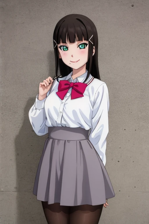 pixel-perfect, best quality, ultra-detailed masterpiece, dia kurosawa, pantyhose, open legs, smile